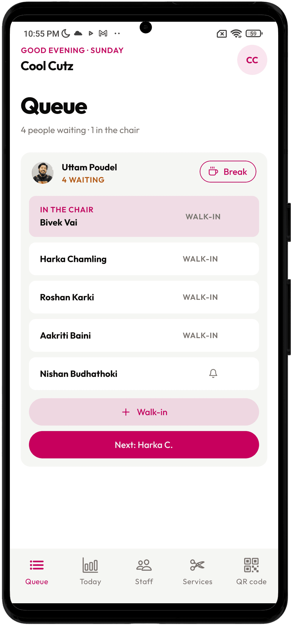 The salon's page in the app, where a customer joins the queue